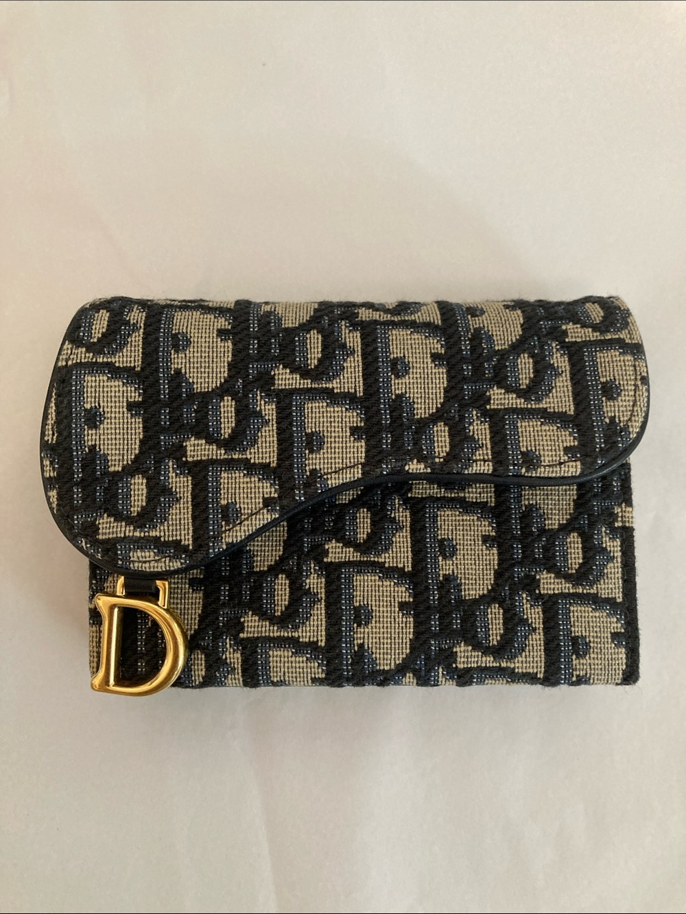 Dior Black & Beige Monogram Saddle Card Holder with Gold D Charm